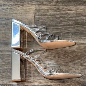 Silver Slide Sandals with Intricate Straps and Block Heel
